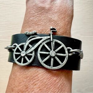 Black Leather Bracelet with Bike Embellishment